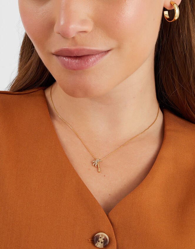 14ct Gold-Plated Diamanté Palm Tree Pendant Necklace, , large