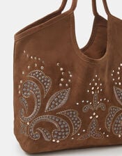 Stud Embroidered Suede Tote Bag, , large