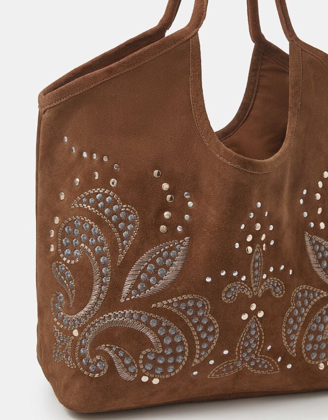 Stud Embroidered Suede Tote Bag, , large