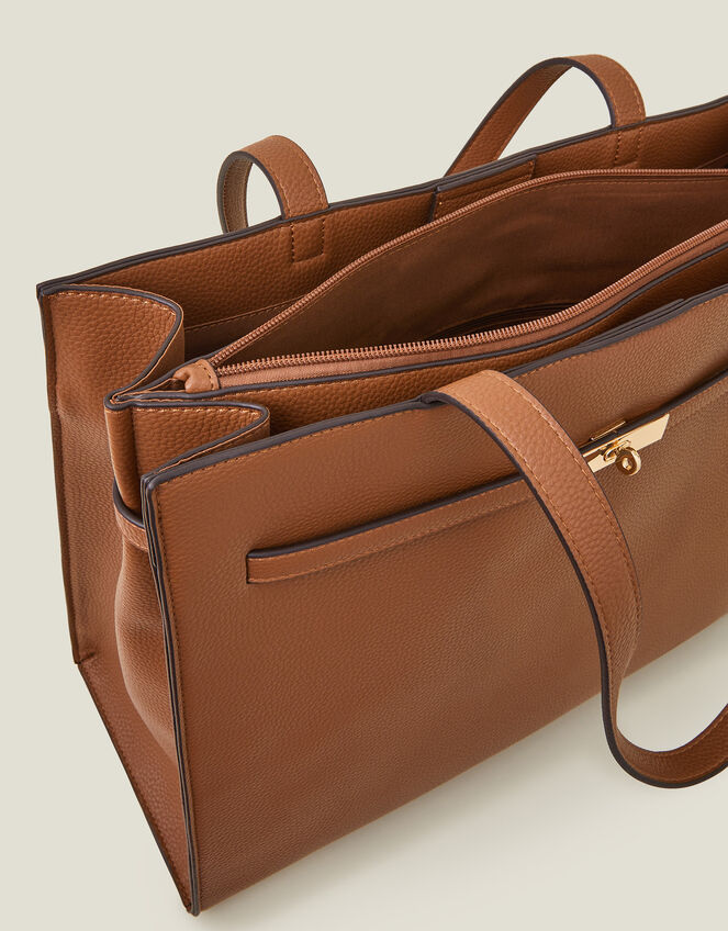 Metal Twist Lock Tote Bag, Tan (TAN), large