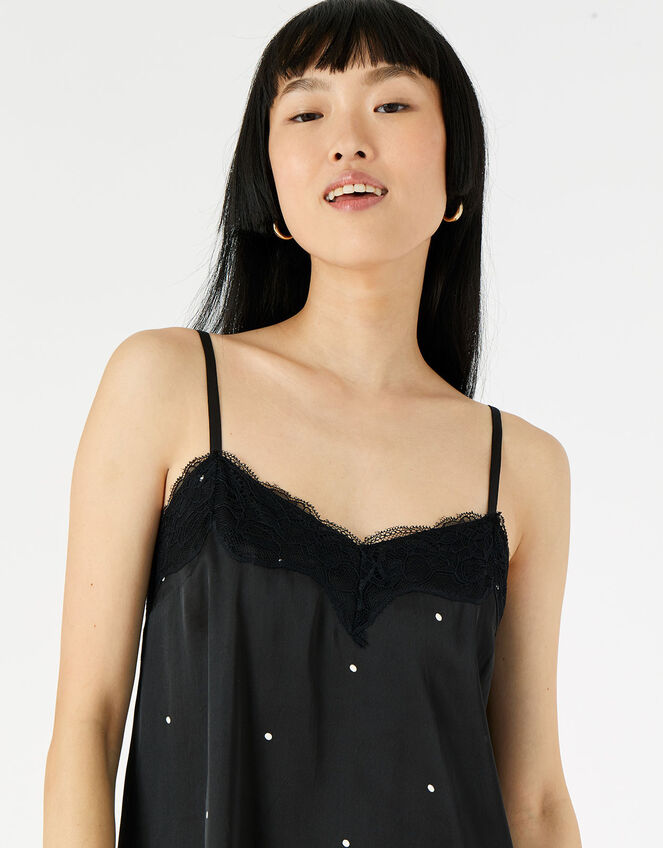 Spot Satin Slip Dress, Black (BLACK), large