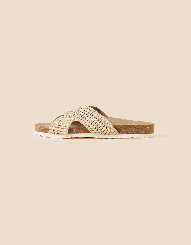 Raffia Cross Strap Footbed Sliders, Natural (NATURAL), large
