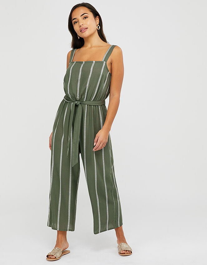 Striped Jumpsuit with Waist Belt, Green (KHAKI), large