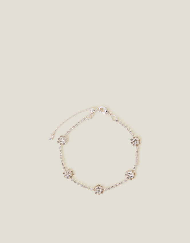 Sterling Silver-Plated Diamante Flower Bracelet, , large