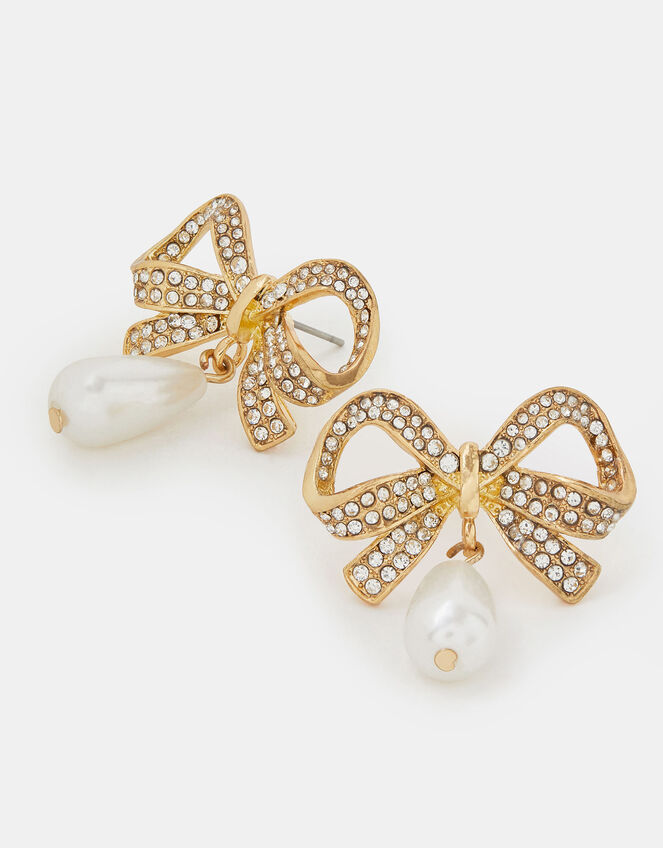 Diamanté Bow Pearl Drop Earrings, , large