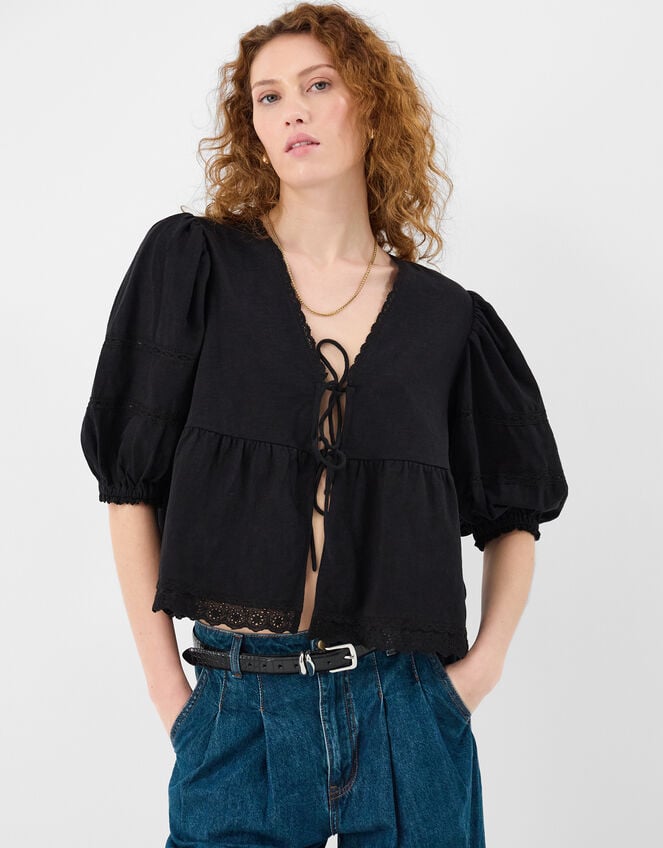 Puff Sleeve Tie Front Blouse, Black (BLACK), large