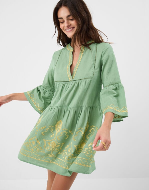 Embroidered Flute Sleeve Mini Dress, Green (GREEN), large