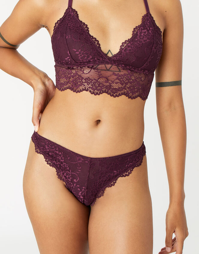 Floral Lace Brazilian Knickers, Red (BURGUNDY), large