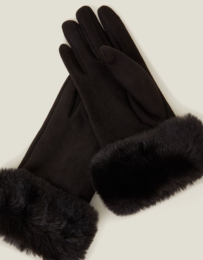 Suedette Faux Fur Cuff Gloves, Black (BLACK), large