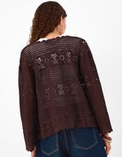 Crochet Tie Front Cardigan , Brown (BROWN), large