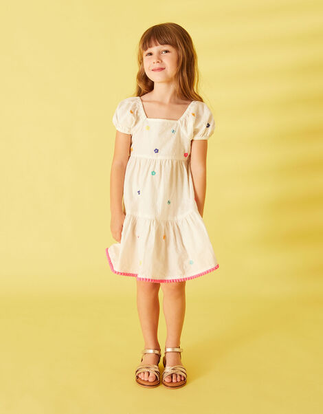 Girls Flower Embroidered Dress, White (WHITE), large