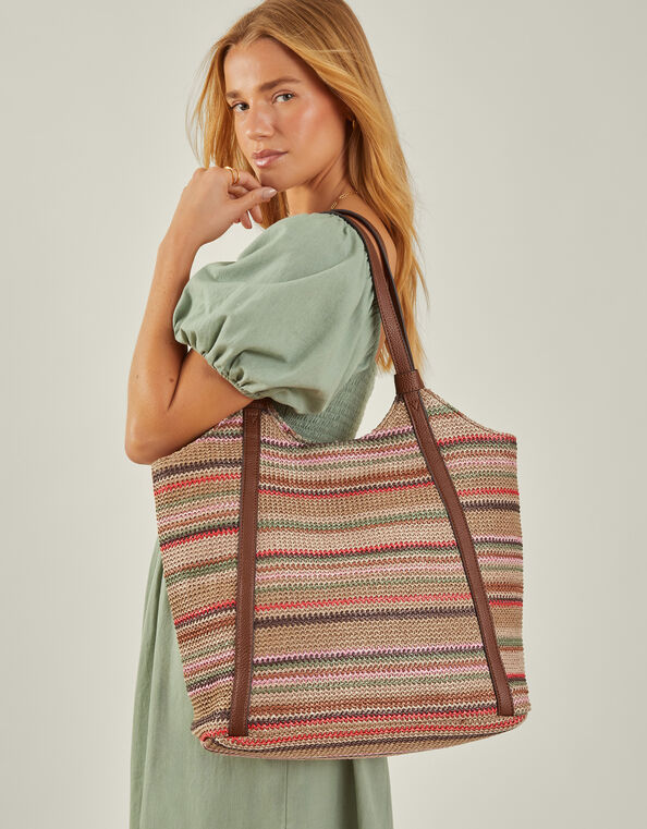 Stripe Raffia Shoulder Bag, , large