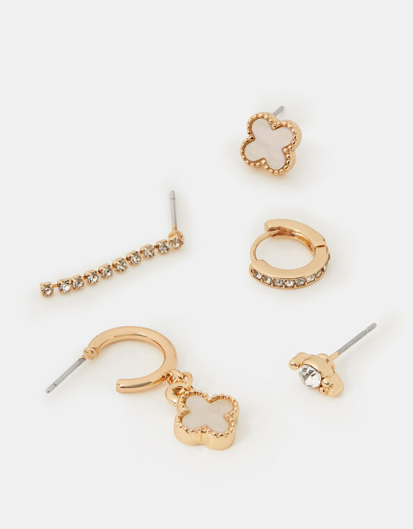 5-Pack Pearl Clover Stud & Hoop Earrings, Gold (GOLD), large