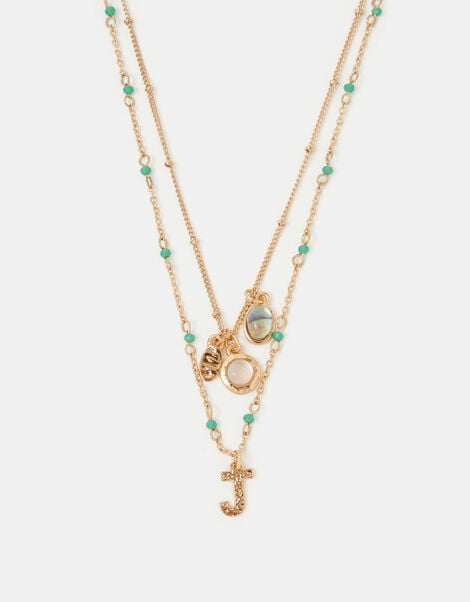 Initial Bead Layered Necklace, Green (GREEN), large