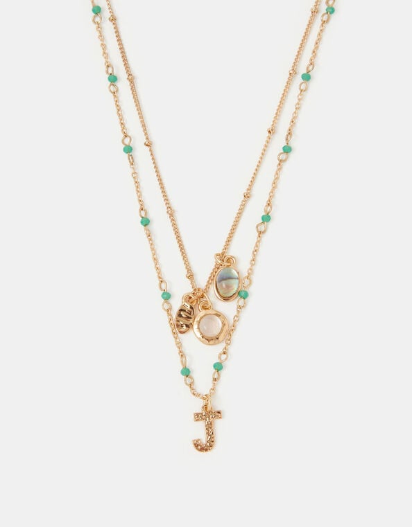 Initial Bead Layered Necklace, Green (GREEN), large