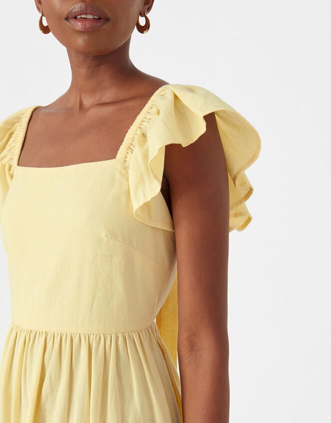 Frill Shoulder Tie Back Midi Dress, Yellow (YELLOW), large