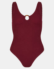 Ring Detail Crinkle Textured Swimsuit, Red (BURGUNDY), large