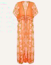 Ornamental Printed Maxi Chiffon Kimono, Orange (ORANGE), large