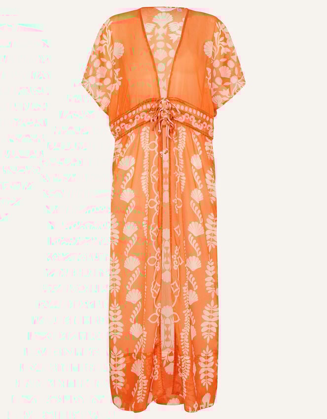 Ornamental Printed Maxi Chiffon Kimono, Orange (ORANGE), large