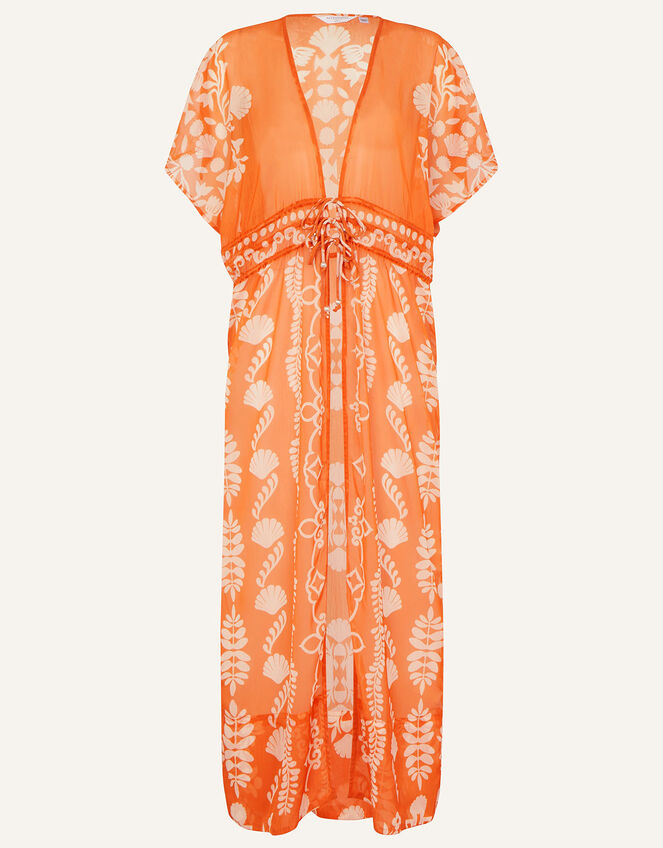 Ornamental Printed Maxi Chiffon Kimono, Orange (ORANGE), large