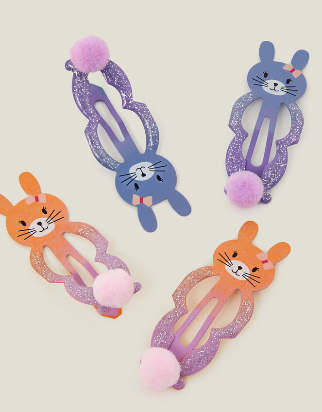 4-Pack Girls Bunny Pom Hair Clips, , large