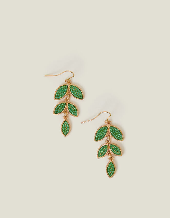 Beaded Leaf Drop Earrings Green, , large