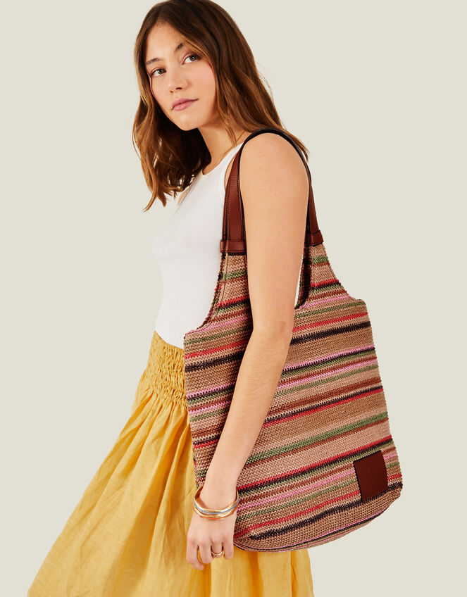 Stripe Raffia Shoulder Bag, , large