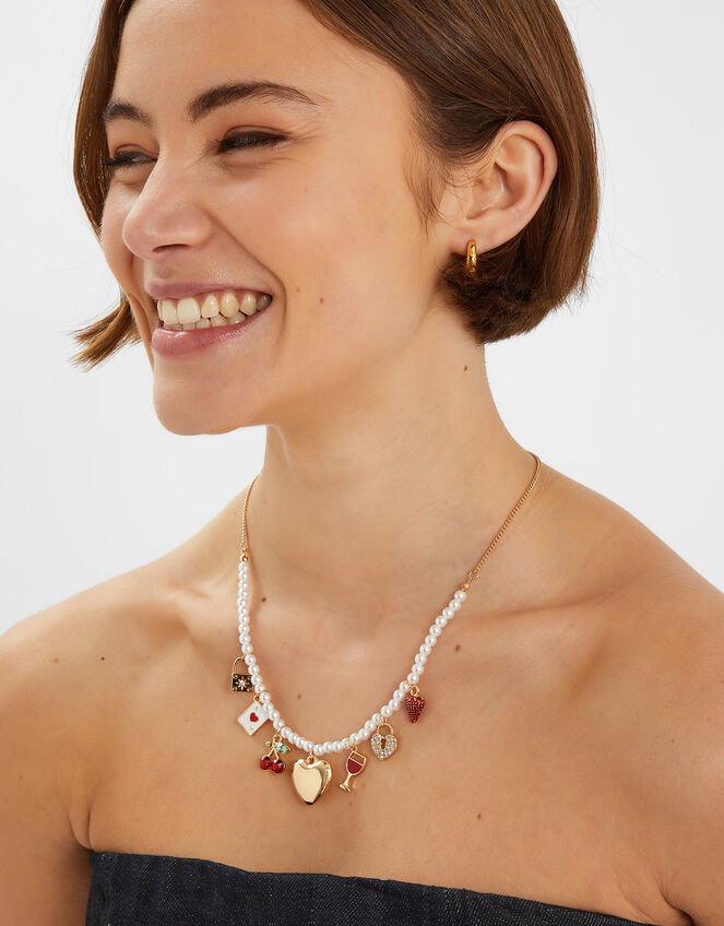 Pearl Beaded Charm Necklace, , large