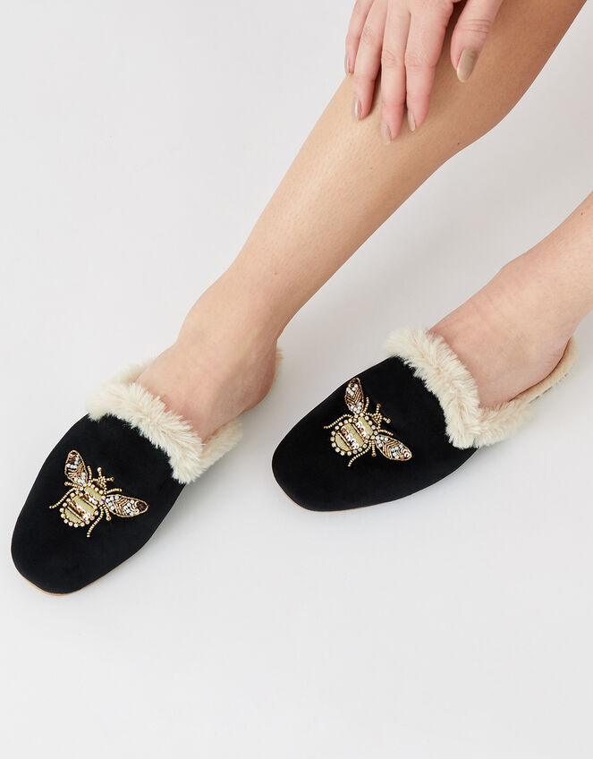 Embellished Bee Mule Slippers, Black (BLACK), large