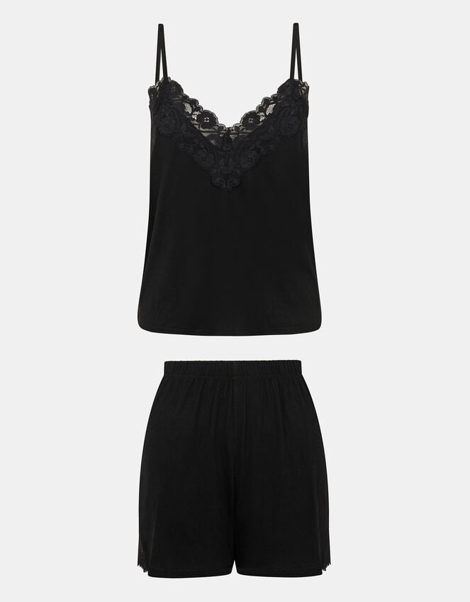 Lace Trim Short Pyjamas Set, Black (BLACK), large