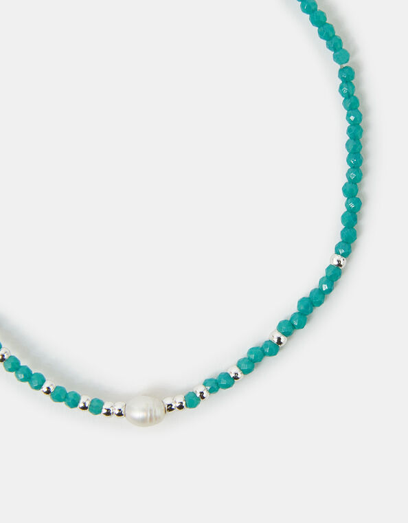 Sterling Silver-Plated Pearl Beaded Bracelet, Green (GREEN), large