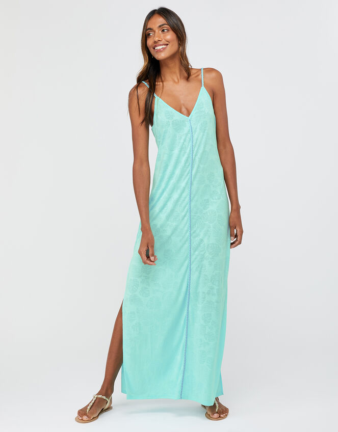 Palm Print Jersey Maxi Dress, Blue (AQUA), large