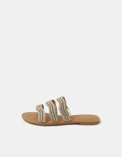 Beaded Triple Strap Sandals, Gold (GOLD), large