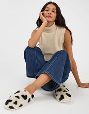 Heart Fluffy Mule Slippers, Black (BLACK WHITE), large