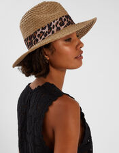 Leopard Trim Straw Fedora Hat Natural, , large