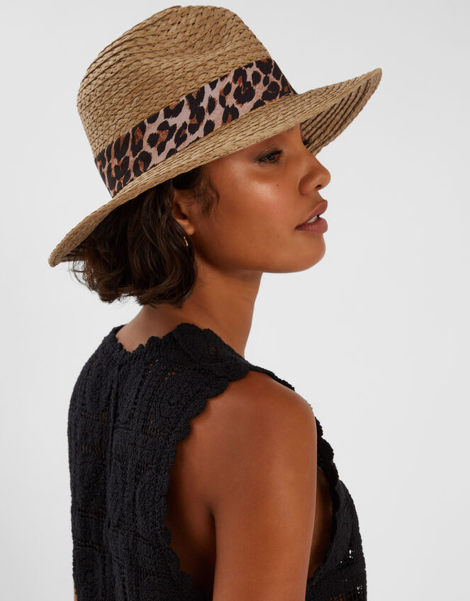 Leopard Trim Straw Fedora Hat Natural, , large