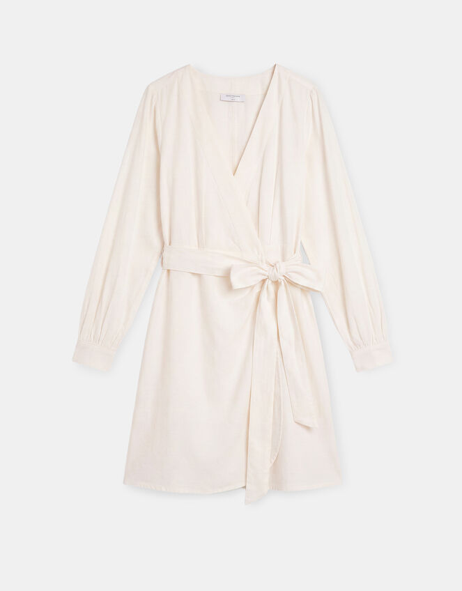 Long Sleeve Mini Wrap Dress, White (WHITE), large