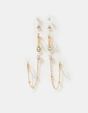 4-Pack Stone Stud & Chain Hoop Earrings, Gold (GOLD), large