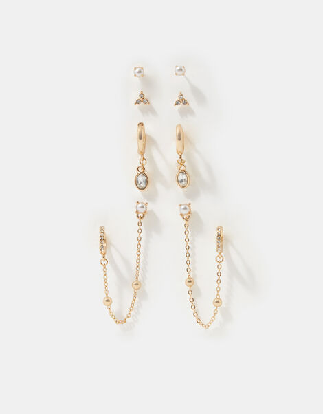 4-Pack Stone Stud & Chain Hoop Earrings, Gold (GOLD), large