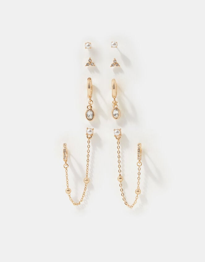 4-Pack Stone Stud & Chain Hoop Earrings, Gold (GOLD), large