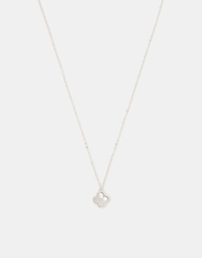 Sterling Silver Mother of Pearl Clover Pendant Necklace, , large