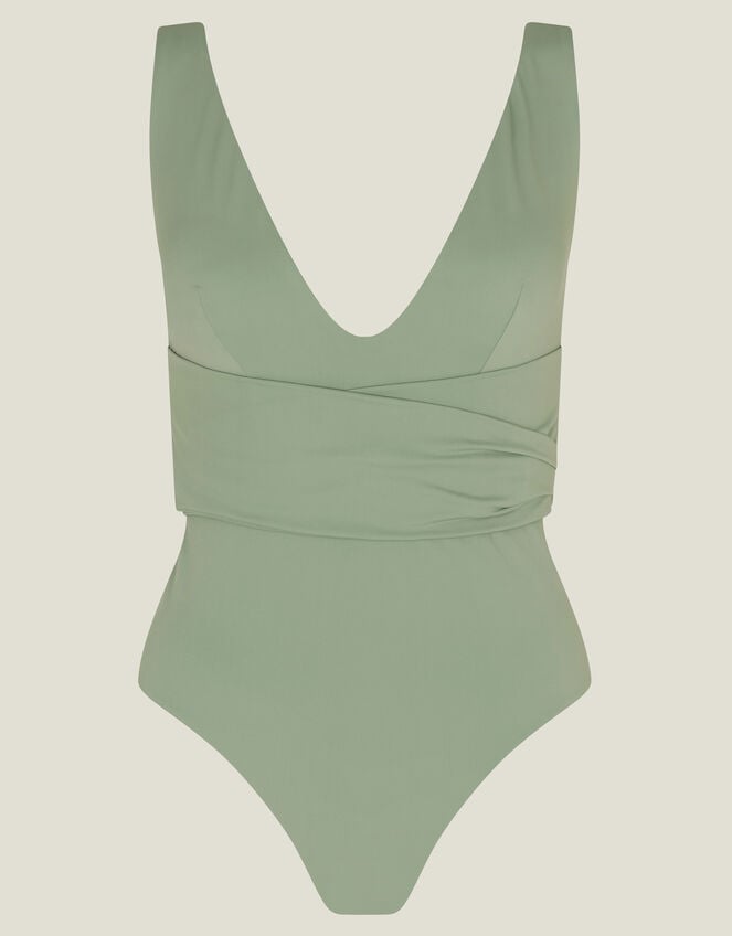 Plunge Wrap Shaping Swimsuit, Green (KHAKI), large