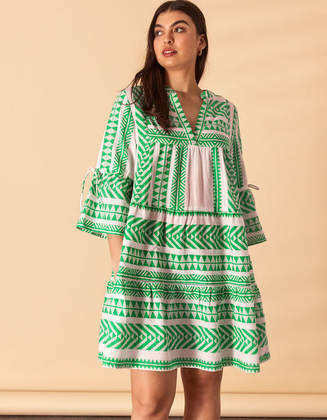 Print Jacquard Flute Sleeve Dress with Sustainable Cotton Green, Green (GREEN), large