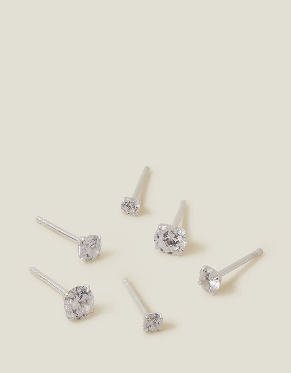 3-Pack Sterling Silver-Plated Crystal Studs, , large