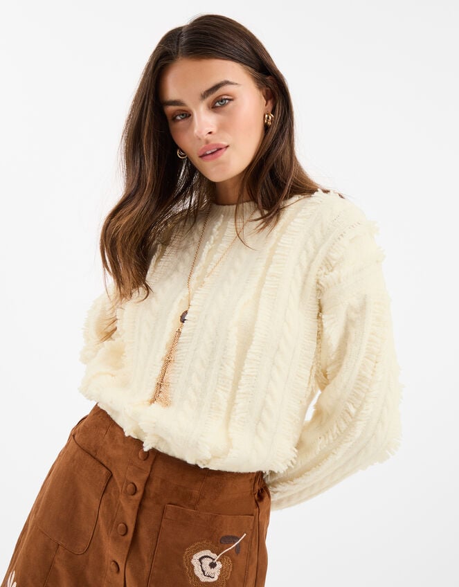 Fringe Cable Knit Jumper, Cream (CREAM), large