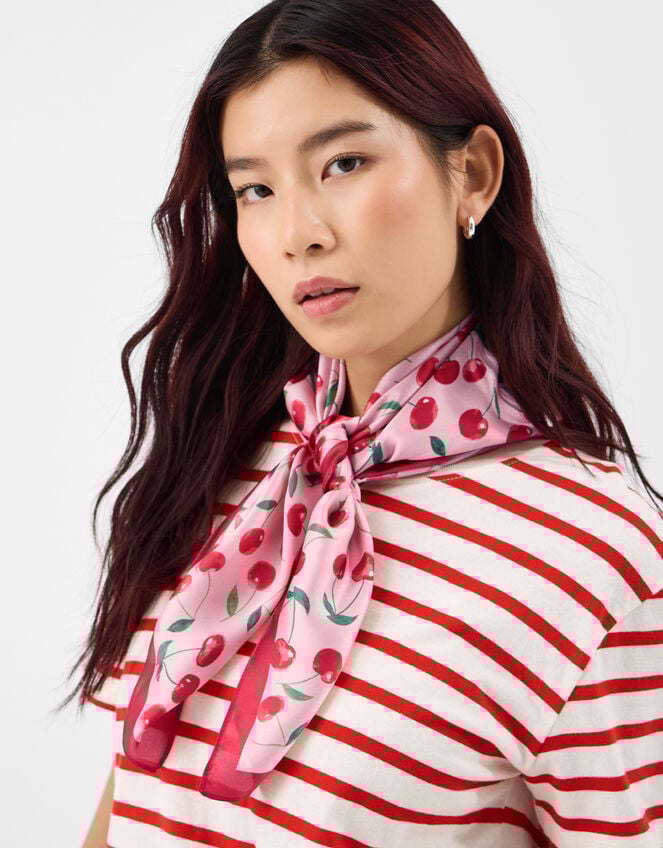 Cherry Print Square Satin Scarf, , large