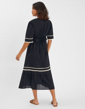 V-Neck Ric Rac Midi Dress, Black (BLACK), large