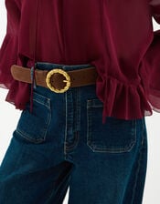 Textured Buckle Suede Belt, Tan (TAN), large