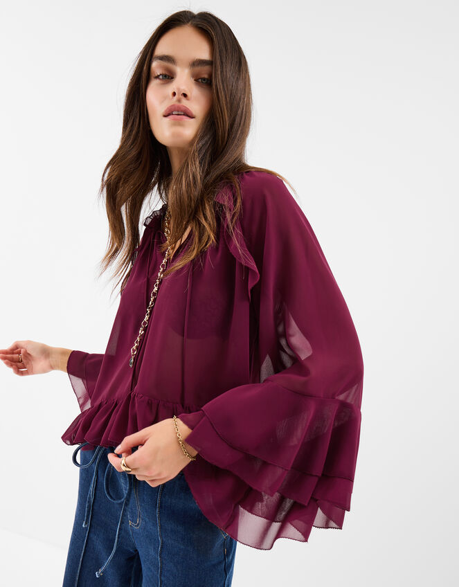 Ruffle Chiffon Blouse, Red (BURGUNDY), large