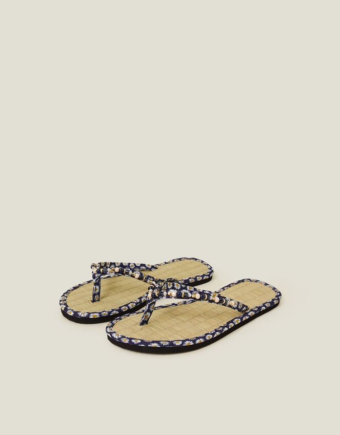 Daisy Print Seagrass Footbed Sandals, Blue (NAVY), large